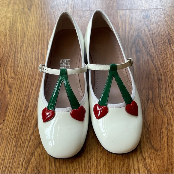 Gucci Cherry Mary Jane White Patent Leather Flats - Picture 2 of 7